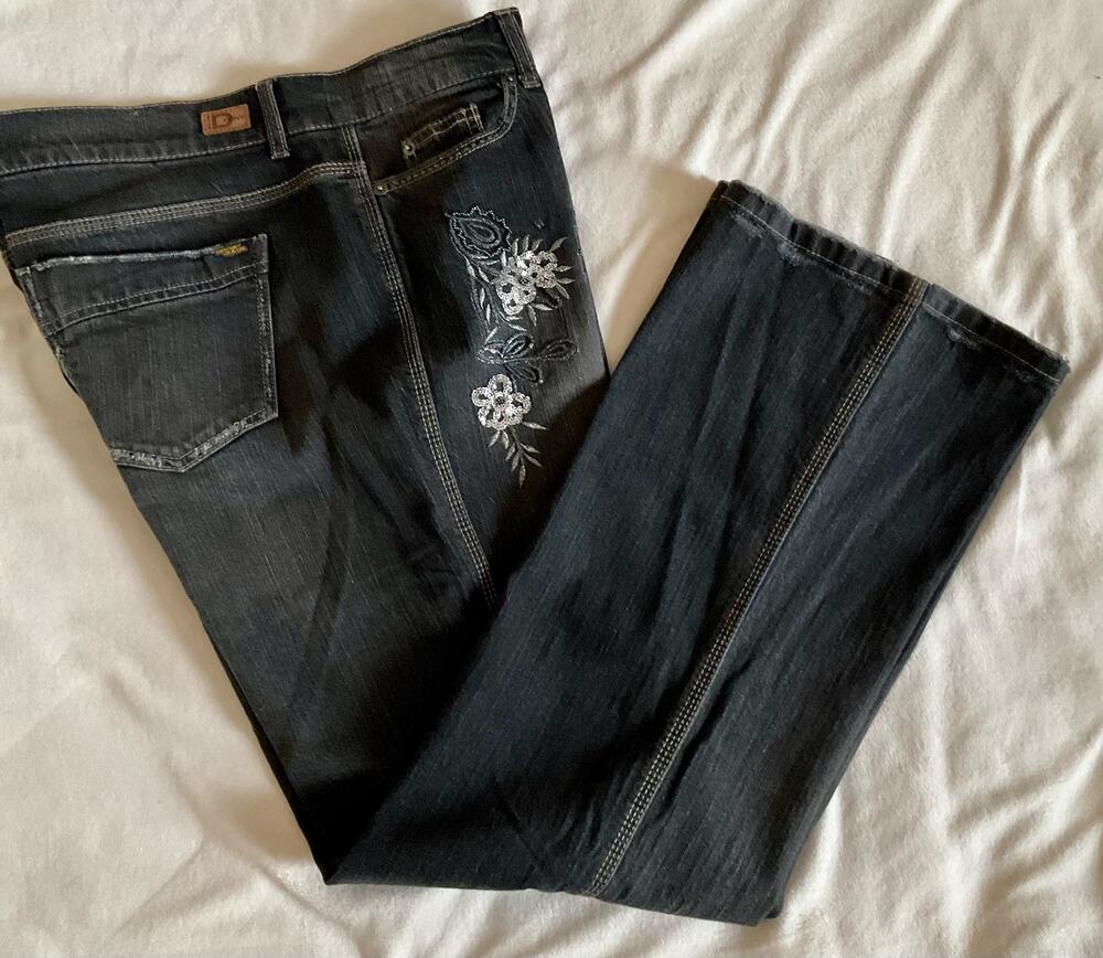 DKNY Soho Jeans with Silver Beaded Flower on Right Leg Distressed Pocket
